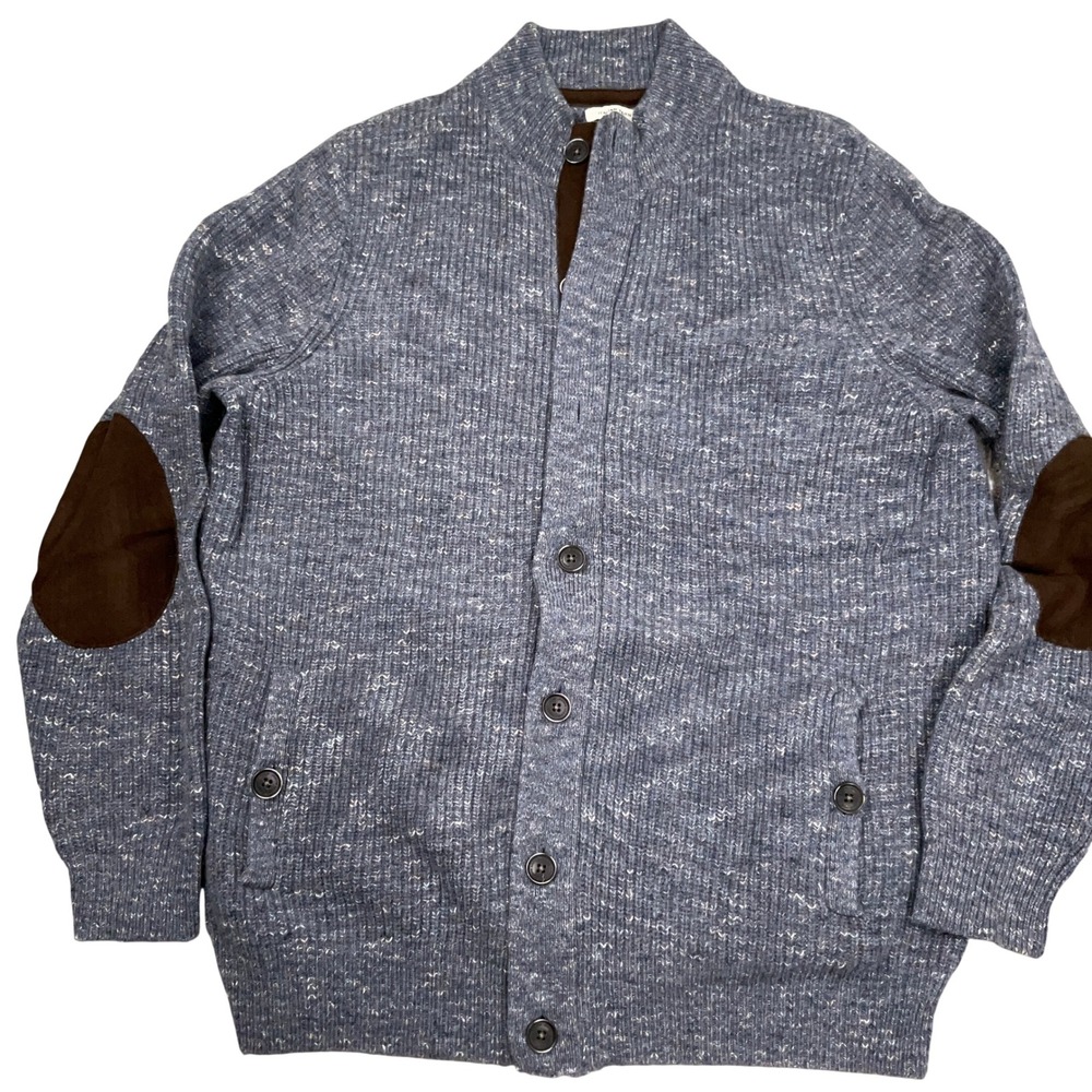Joseph Abboud Cardigan Mens L Blue Elbow Patches Preppy Zip Sweater Cabin Wool